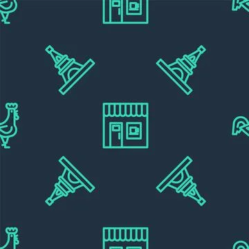 Set line Coffee shop, Eiffel tower and French rooster on seamless pattern Stock Illustration