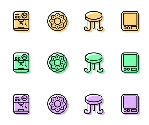 Set line Coffee table, machine, Donut and Electronic coffee scales icon. Vector Stock Illustration