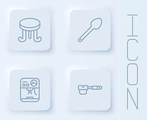 Set line Coffee table, Teaspoon, machine and filter holder. White square button Stock Illustration
