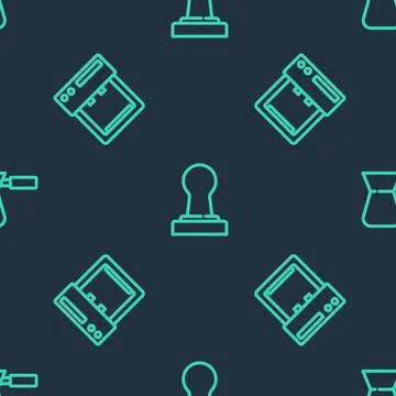 Set line Coffee tamper, machine and turk on seamless pattern. Vector Illustrazione stock