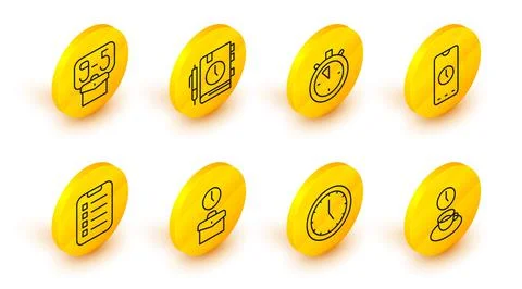 Set line Coffee time, Clock, Work, To do list planning, Alarm clock app mobile Stock Illustration