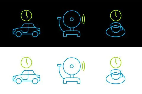 Set line Coffee time, Time to travel and Ringing alarm bell icon. Vector Stock Illustration