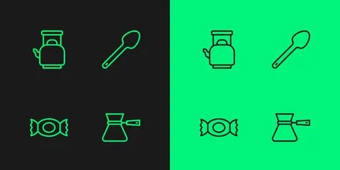 Set line Coffee turk, Candy, Kettle with handle and Teaspoon icon. Vector Illustration