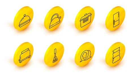 Set line Coffee turk, Chef hat in speech bubble, Spatula, Toaster, Refriger.. Stock Illustration