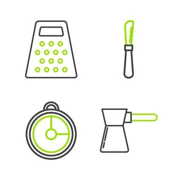 Set line Coffee turk, Kitchen timer, Knife and Grater icon. Vector イラスト素材