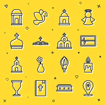Set line Coffin with cross, Burning candle, Beat dead monitor, Old crypt, Hol Ilustración de archivo