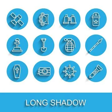 Set line Coffin with cross, Dynamite and timer clock, Satellite, Naval mine Stock Illustration