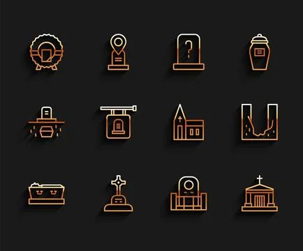 Set line Coffin with dead, Grave cross, Memorial wreath, tombstone, Old crypt Ilustración de archivo