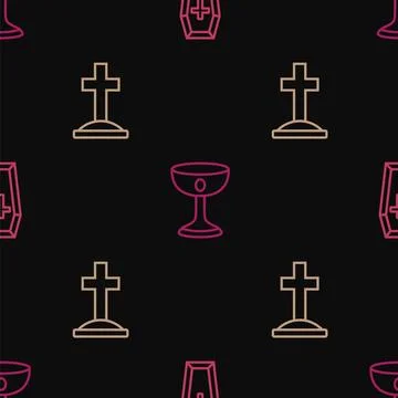 Set line Coffin Grave with cross and Christian chalice on seamless pattern. V Stock Illustration