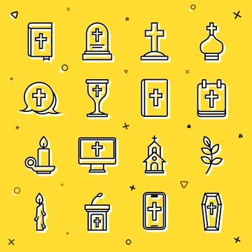 Set line Coffin, Willow leaf, Calendar with Easter, Grave cross, Christian Stock Illustration