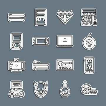Set line Coin for game, Mobile and playing, Bomb ready to explode, Diamond Illustrazione stock