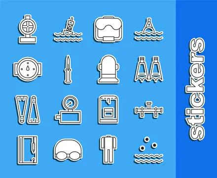 Set line Cold and waves, Manifold, Rubber flippers for swimming, Diving mas.. Stock Illustration