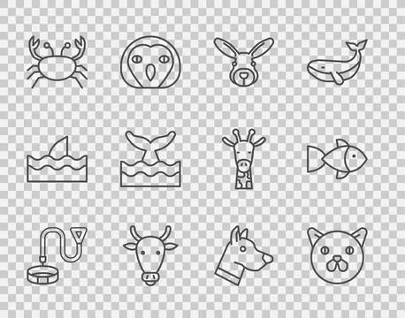 Set line Collar with name tag, Cat, Rabbit head, Cow, Crab, Whale tail in oce Stock Illustration