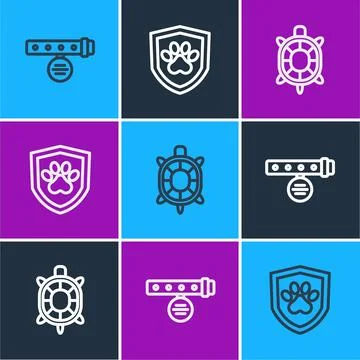 Set line Collar with name tag, Turtle and Animal health insurance icon. Vector 스톡 일러스트