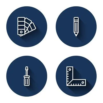 Set line Color palette guide, Pencil with eraser, Screwdriver and Corner ruler Stock Illustration