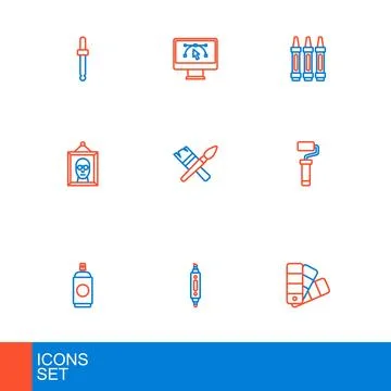 Set line Color palette guide, Marker pen, Paint spray can, roller brush, Pi.. Stock Illustration