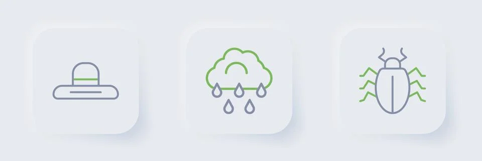 Set line Colorado beetle, Cloud with rain and Farmer worker hat icon. Vector Stock Illustration