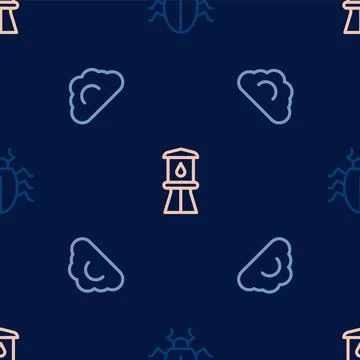 Set line Colorado beetle, Cloudy weather and Water tower on seamless pattern Stock Illustration