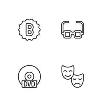 Set line Comedy and tragedy masks, CD or DVD disk, Exam paper with incorrect Stock Illustration