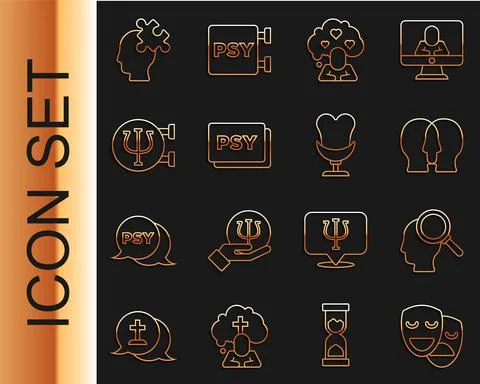 Set line Comedy and tragedy masks, Finding problem, Bipolar disorder, Broken Illustrazione stock