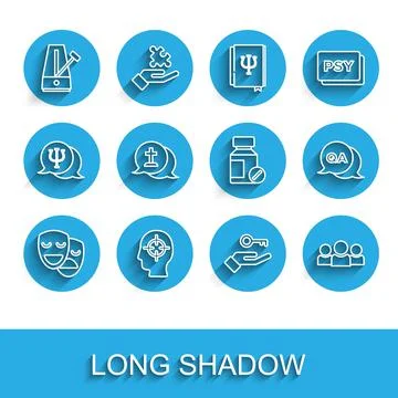 Set line Comedy and tragedy masks, Finding problem, Metronome with pendulum Stock Illustration