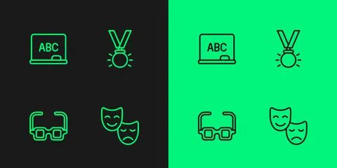 Set line Comedy and tragedy masks, Glasses, Chalkboard and Medal icon. Vector 스톡 일러스트