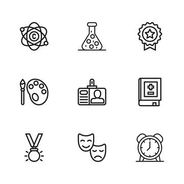 Set line Comedy and tragedy masks, Book with mathematics, Alarm clock, Iden.. 库存插图
