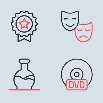 Set line Comedy and tragedy masks, Test tube, CD or DVD disk and Medal with.. 스톡 일러스트