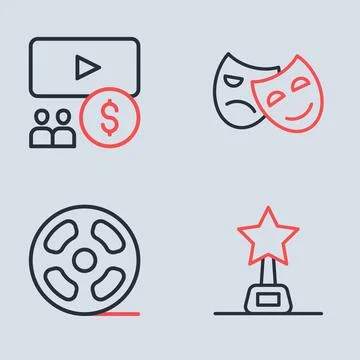 Set line Comedy and tragedy masks, Film reel, Movie trophy and Cinema audit.. イラスト素材