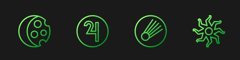 Set line Comet, Eclipse of the sun, Symbol Jupiter and Sun. Gradient color icons Ilustração Stock