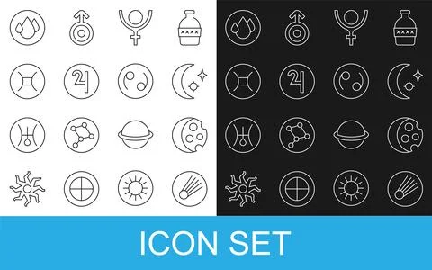 Set line Comet, Eclipse of the sun, Moon and stars, Symbol Pluto, Jupiter Ilustração Stock