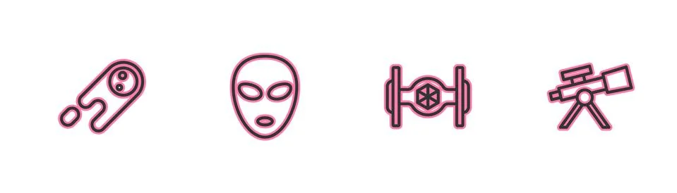Set line Comet falling down fast, Cosmic ship, Alien and Telescope icon. Vector Stock Illustration
