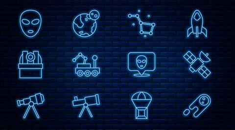 Set line Comet falling down fast, Satellite, Great Bear constellation, Mars 库存插图