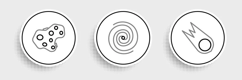 Set line Comet falling down fast, Asteroid and Black hole icon. Vector Illustrazione stock