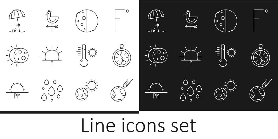 Set line Comet falling down fast, Compass, Eclipse of the sun, Sunrise Illustrazione stock