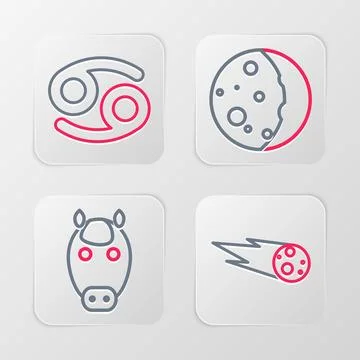 Set line Comet falling down fast, Horse zodiac, Eclipse of the sun and Cancer Illustrazione stock