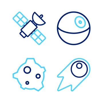 Set line Comet falling down fast, Asteroid, Planet and Satellite icon. Vector Stock Illustration