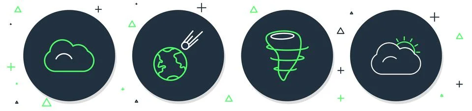 Set line Comet falling down fast, Tornado, Cloud and Sun and cloud icon. Vect Illustrazione stock