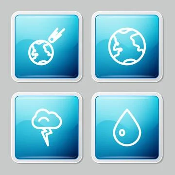 Set line Comet falling down fast, Earth globe, Storm and Water drop icon. Vec Stock Illustration