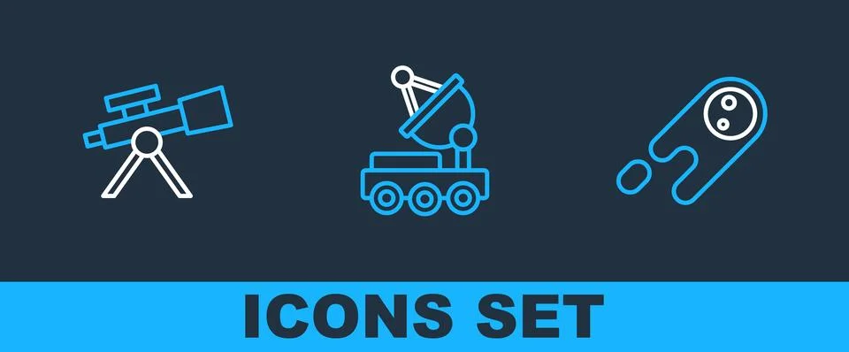 Set line Comet falling down fast, Telescope and Mars rover icon. Vector Stock Illustration