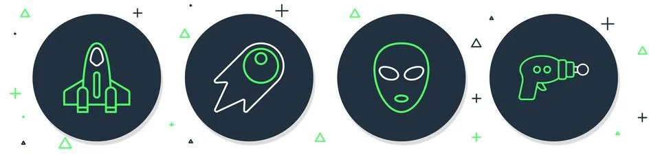 Set line Comet falling down fast, Alien, Rocket ship and Ray gun icon. Vector Stock Illustration