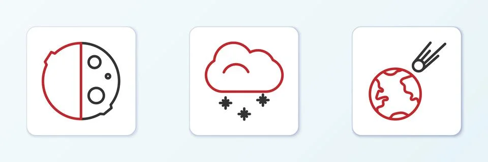 Set line Comet falling down fast, Eclipse of the sun and Cloud with snow ic.. Ilustração Stock