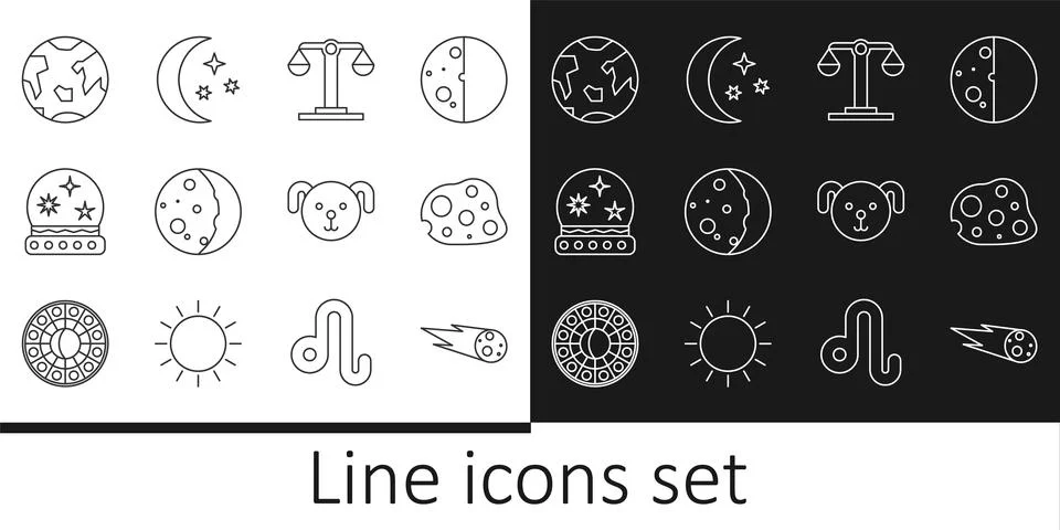 Set line Comet falling down fast, Asteroid, Libra zodiac, Eclipse of the su.. Ilustração Stock
