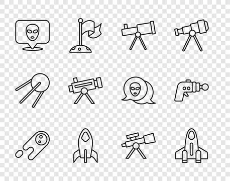 Set line Comet falling down fast, Rocket ship, Telescope, Alien,  and Ray g.. Ilustração Stock