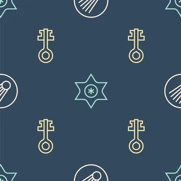 Set line Comet, Old magic key and Falling star on seamless pattern. Vector Illustrazione stock