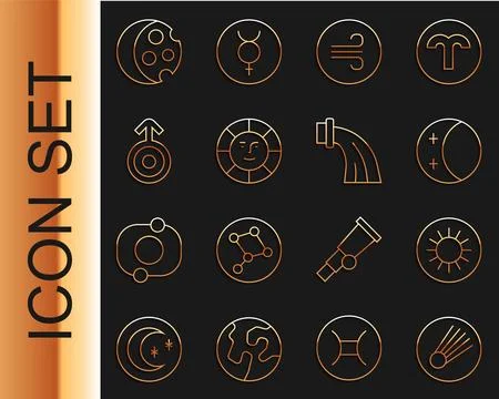 Set line Comet, Sun, Eclipse of the sun, Windy weather, Symbol Uranus,  and.. 스톡 일러스트