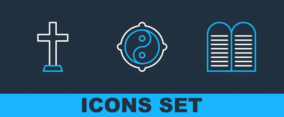 Set line The commandments, Christian cross and Yin Yang icon. Vector 库存插图