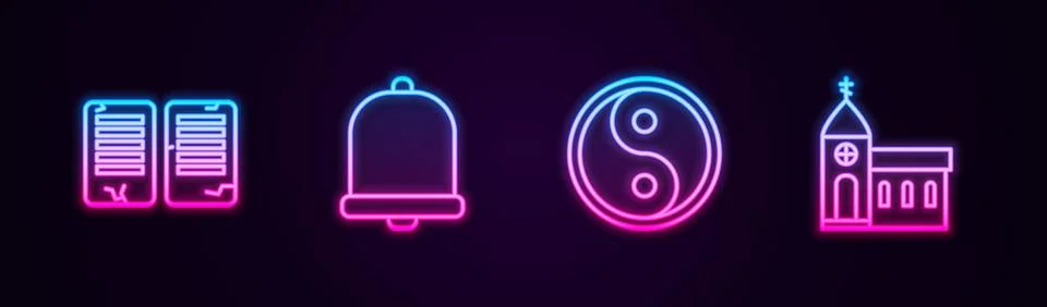 Set line The commandments, Church bell, Yin Yang and building. Glowing neon i 库存插图
