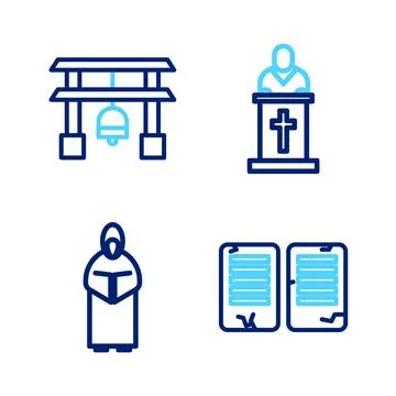 Set line The commandments, Monk, Church pastor preaching and Japan Gate ico.. Stock Illustration