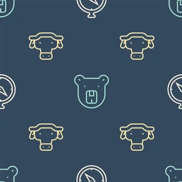 Set line Compass, African buffalo head and Bear on seamless pattern. Vector Stock Illustration
